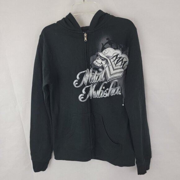 METAL MULISHA Womens Hoodie Sz SMALL Full Zip BLACK Skull Wings Goth Rhinestone - Picture 1 of 13
